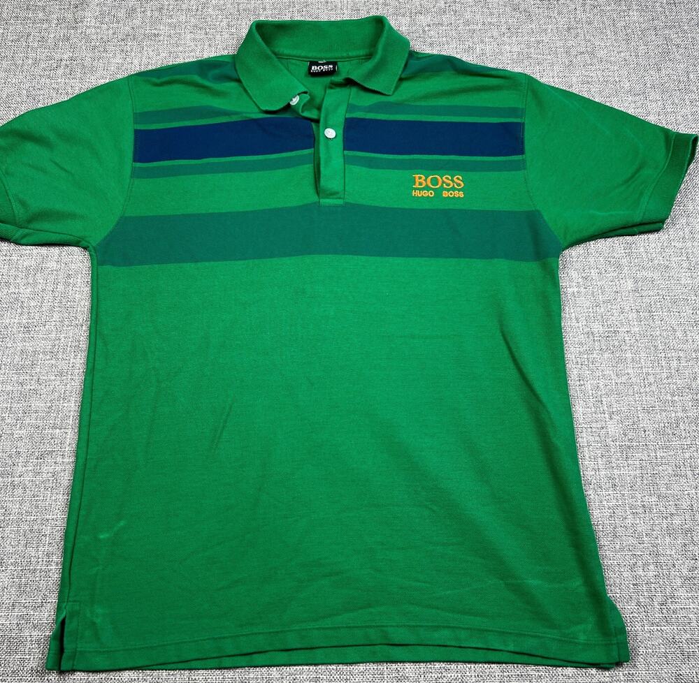 BOSS Hugo Boss Men's Green Colorblock Stripe Pique Polo Shirt 20in Chest